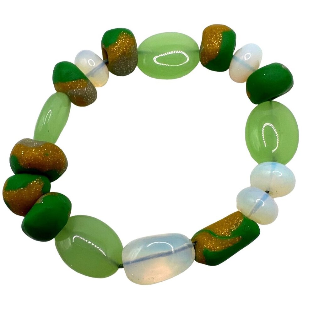 Chunky Boho Green Bead Bracelet Handmade Stretch Glass Wood Granny Fash Beachy